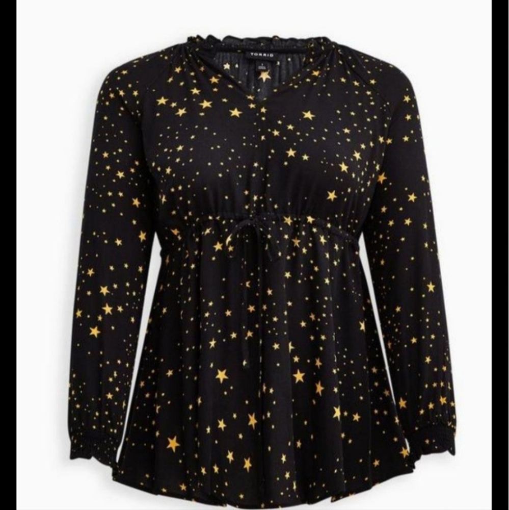 Torrid Black with Stars Peasant Blouse NWT